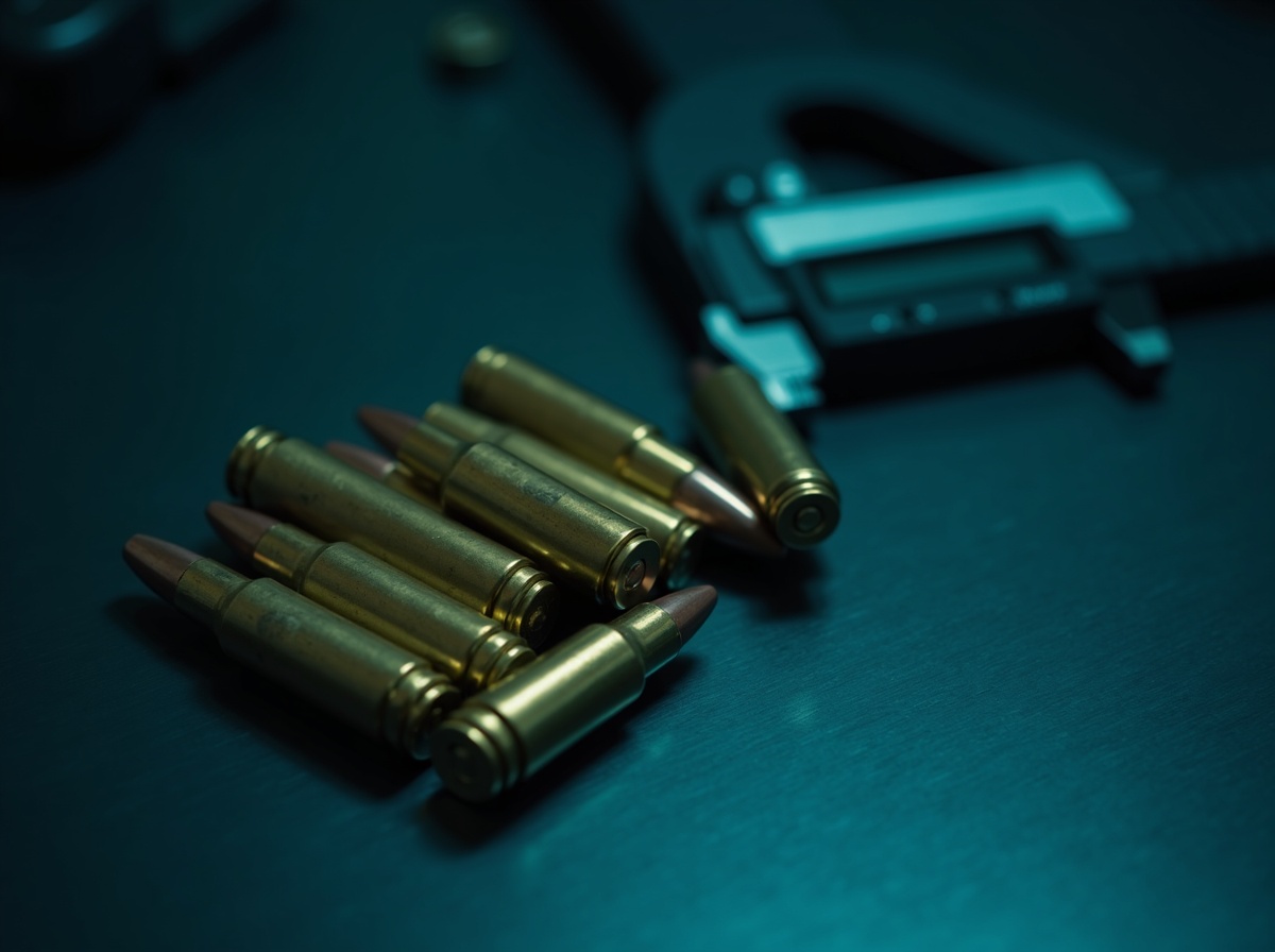 Exame e medição de munições em bancada de balística forense.