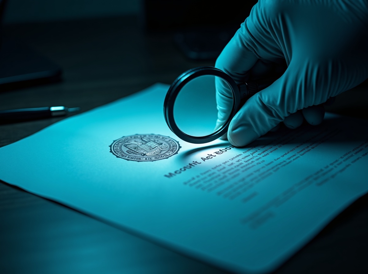 Exame de elementos de segurança e suporte material sob luz dirigida.